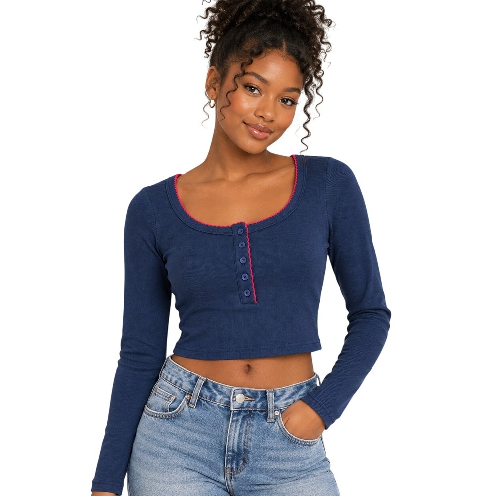 Cider Henley Crop Top Juniors Small Dark Navy Blue Ribbed Long Sleeve